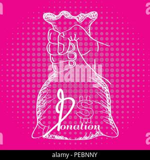 Hand mit Sack Geld für die Spende. Line Art style Hand zeichnen und spende Schriftzug Vektor. Stock Vektor