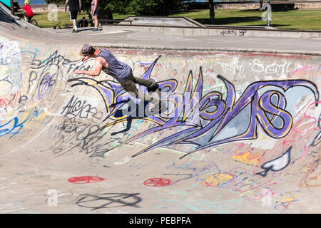 Junger Mann Skateboarder im Riverside River Yard Skateboard Bowl, tolle Herbst, Montana, USA Stockfoto