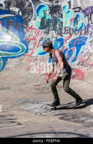 Junger Mann Skateboarder im Riverside River Yard Skateboard Bowl, tolle Herbst, Montana, USA Stockfoto
