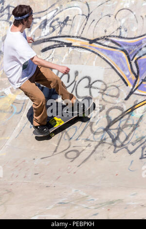 Junger Mann Skateboarder im Riverside River Yard Skateboard Bowl, tolle Herbst, Montana, USA Stockfoto