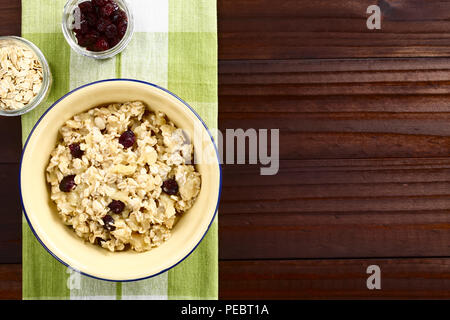 Frische hausgemachte vegan gekocht Apple, Haferflocken, Cranberry und Zimt Porridge, in der Schüssel serviert, fotografiert Overhead mit Platz auf der Seite kopieren Stockfoto