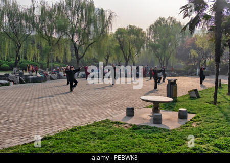 Gruppe der chinesischen Erwachsene Üben von Tai Chi im Park, Xi'an, China Stockfoto