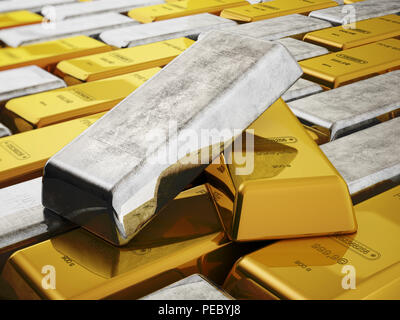 Gold und Silber Barren auf weißem Hintergrund. 3D-Darstellung. Stockfoto