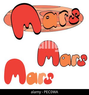 Roter Planet Mars in den Raum mit Sternen und Shuttles. Handgezeichnete Abbildung. Stockfoto