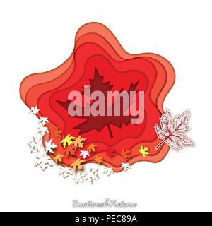 Emotionale Herbst Hintergrund, Illustration Hand gezeichnet von Whitetail oder Virginia Rotwild in Ahorn Wald mit trendigen Origami tief Paper Art Carving Stil. D Stock Vektor