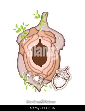 Emotionale Herbst Hintergrund, Illustration Hand gezeichnet von schönen Eiche Früchte in trendigen Origami tief Paper Art Carving Stil. Design für Herbst und Fal Stock Vektor