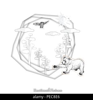 Emotionale Herbst Hintergrund, Illustration Hand gezeichnet von Grizzly Bear und Eule in Ahorn Wald mit trendigen Origami tief Paper Art Carving Stil. Design Stock Vektor
