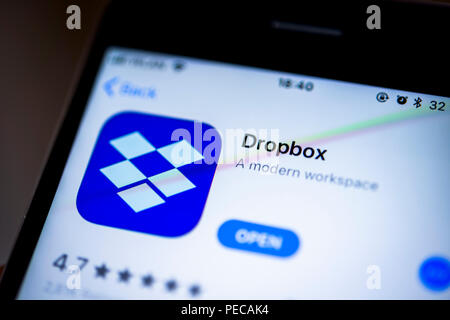 Dropbox App, Cloud Storage, die in der Apple App Store, App Symbol, Display, iPhone, iOS, Smartphone, Display, Screenshot, close-up Stockfoto