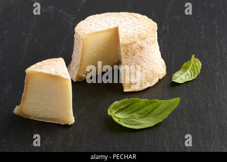 Crottin Käse mit Basilikum Blätter auf Schwarz Stein Hintergrund Stockfoto