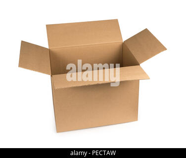 Karton auf einen weißen Hintergrund mit Freistellungspfad isoliert Öffnen. Mockup. Stockfoto