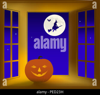 Abbildung auf ein Thema Halloween. Eine Nacht Fenster, Kürbis und fliegende Hexe. Stockfoto