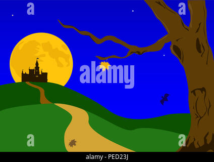 Abbildung auf ein Thema Halloween. Das alte Schloss auf einem Hintergrund des aufsteigenden Mondes. Stockfoto