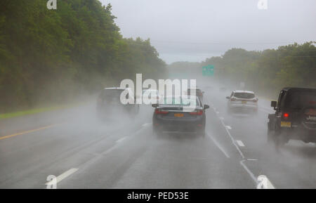 Der Verkehr auf der Autobahn an einem nebligen regnerischen Tag. Unfallgefahr bei starken Niederschlägen Stockfoto