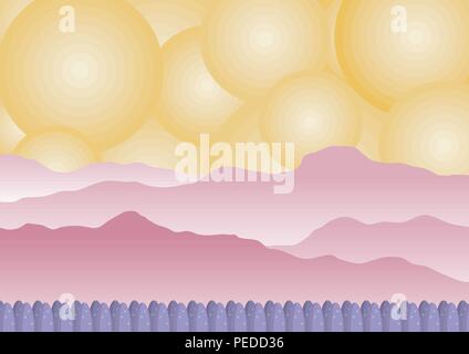 Fantasy bunte Landschaft, Berge, Bäume, abstrakten runden himmel landschaft. Vector Illustration Panorama, planet Space sci-fi Hintergrund für Spiel, wir Stock Vektor