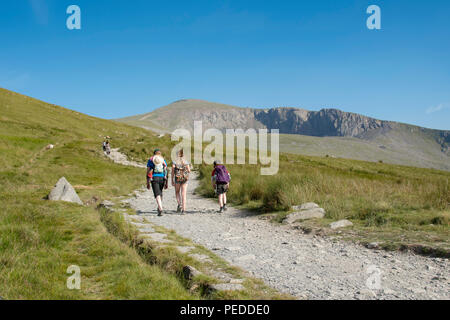 Wanderer auf dem Llanberis Pfad auf dem Weg zum Gipfel des Snowdon. Stockfoto