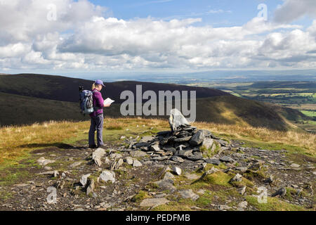 Wanderer auf dem Gipfel des Bannerdale Felsen, Lake District, Cumbria, Großbritannien Stockfoto