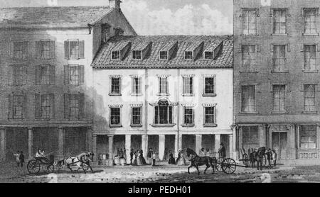 Gravur der Fassade des Haus von George Clinton, Gründer und Vice President von Thomas Jefferson und James Madison, New York City, New York, Washington, DC, 1836. Von der New York Public Library. () Stockfoto