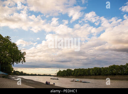 Ruderer ziehen ein Boot auf den Strand von Putney Damm. Ebbe. Themse. Blick nach Westen. In der Nähe von Fulham. London. Stockfoto