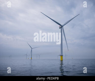 Windenergieanlagen auf dem Rennen Bank Offshore Windparks in der südlichen Nordsee, Großbritannien Stockfoto