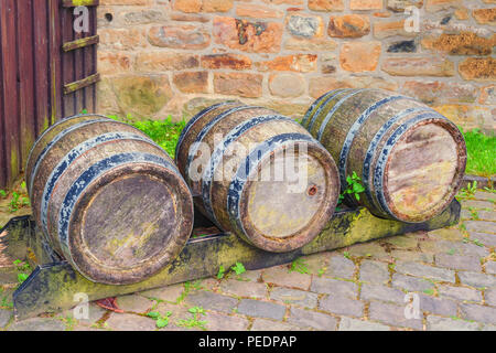 Eichenfass oder Wein Faß Bier und Wein in einer Brauerei zu speichern. Stockfoto