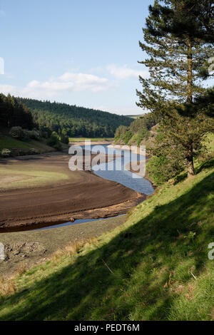 Howden Reservoir bei trockenem Wetter, Derbyshire Peak District England Großbritannien, Niedrigwasserdürre bei Sommerdürre Stockfoto