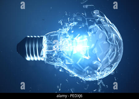 3D-Illustration explodierende Glühbirne auf einem blauen Hintergrund, mit Konzept kreatives Denken und innovative Lösungen Stockfoto