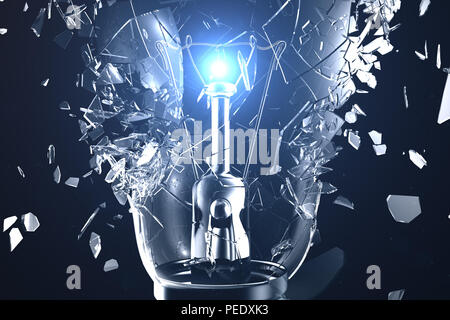 3D-Illustration explodierende Glühbirne auf einem blauen Hintergrund, mit Konzept kreatives Denken und innovative Lösungen Stockfoto