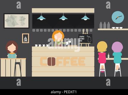 Vector Abbildung: ein Interieur mit Café, eine Bar oder ein Restaurant mit Tischen, Stühlen und Lampe mit Uhren, Cafeteria, Frauen - flaches Design Stock Vektor