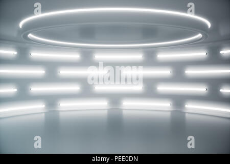 Innen weiß futuristischen Hintergrund, Sci-Fi-Innenraumkonzept. Leere Innenraum mit Neonlicht. 3D-Darstellung Stockfoto