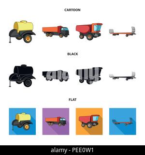 Anhänger mit einem Faß, Lkw und andere landwirtschaftliche Geräte. Landwirtschaftliche Maschinen ein Sammlung Icons im Cartoon, schwarz, Flat Style Vektor symbol Sto Stock Vektor