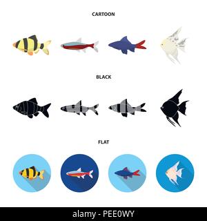 Angelfish, Common, Barbus, neon. Fisch set Sammlung Icons im Cartoon, schwarz, Flat Style vektor Symbol lieferbar Abbildung. Stock Vektor
