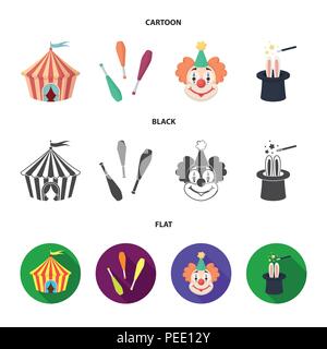 Zirkuszelt, jongleur Streitkolben, Clown, Zauberer Hut. Circus Collection Symbole in Cartoon Set schwarz, flat Vektor Symbol lieferbar Abbildung. Stock Vektor