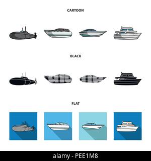 Ein Militär-U-Boot, ein Schnellboot, das Boot und Yacht. Schiffe und Wasser Sammlung Icons im Cartoon, schwarz, Flat Style Vektor Stock Vektor
