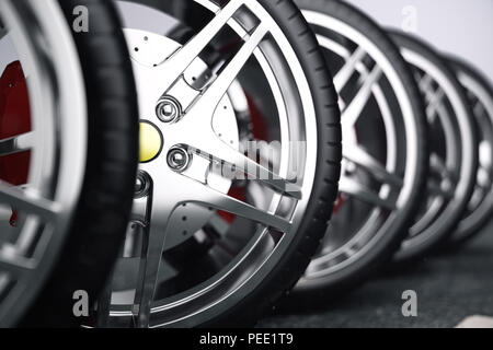 Auto Rad, Auto Reifen stehend auf einer Straße. Konzept reifen. Pkw-Reifen mit einer Scheibe auf der asphaltierten Straße, 3D-Darstellung Stockfoto