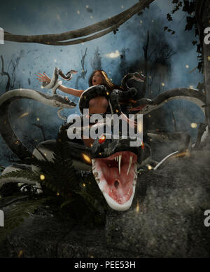 Giant fantasy Snake Angriff eine Frau, 3d-Mixed Media für Buchillustration oder Buch Cover Stockfoto
