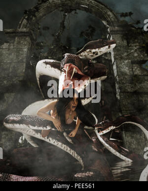 Giant fantasy Snake Angriff eine Frau, 3d-Mixed Media für Buchillustration oder Buch Cover Stockfoto