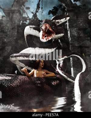 Giant fantasy Snake Angriff eine Frau, 3d-Mixed Media für Buchillustration oder Buch Cover Stockfoto