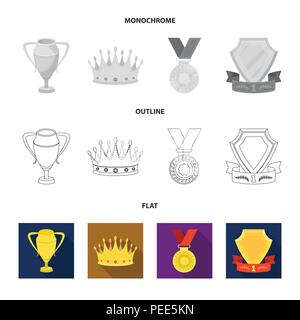 Eine olympische Medaille für den ersten Platz, eine Kristallkugel, eine goldene Schale auf einem Ständer, einem roten Anhänger. Auszeichnungen und Trophäen set Sammlung Icons in flachen, Outline, mo Stock Vektor