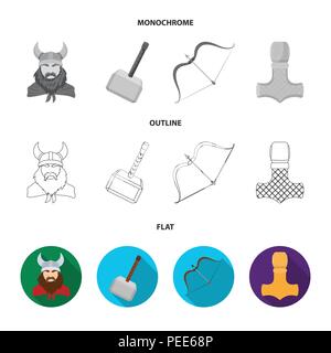 Viking in Helm mit Hörnern, Muskatblüte, Bogen und Pfeil, Schatz. Vikings set Sammlung Icons in flachen, Outline, Schwarzweiß-Stil vektor Symbol lieferbar illustr Stock Vektor