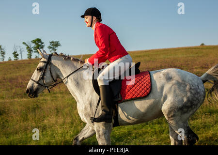 Die Reiterin auf einem roten Pferd. Reiten. Pferderennen. Reiter auf einem Pferd. Stockfoto