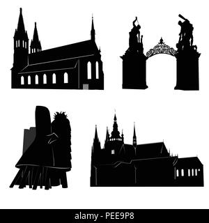 Silhouetten der berühmte Gebäude und Sehenswürdigkeiten von Prag. Stock Vektor