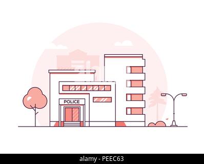 Polizei - Moderne thin line Design Vektor Grafik auf weißem im städtischen Hintergrund. Rot hochwertige Zusammensetzung mit einer Fassade aus de Stock Vektor