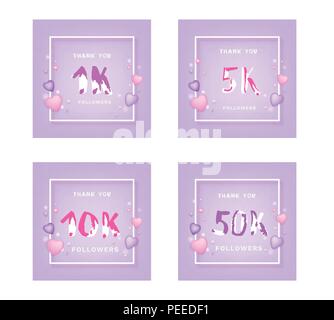 Sammlung von Anhängern danke Banner. Abdeckungen für Social Media. Handschriftlichen text Stil. 1K, 5K, 10K, 50K-Abonnenten. Vector Illustration. Stock Vektor