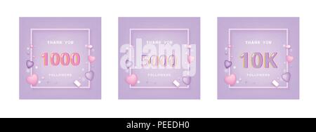 Eingestellt von Anhängern danke Banner. Abdeckungen für Social Media. 1000, 5000, 10.000 Abonnenten. Vector Illustration. Stock Vektor