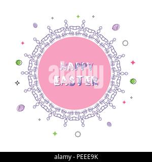 Frohe Ostern flache runde Banner. Handschriftliche Beschriftung mit dekorativen Kreis Rahmen und Urlaub Eier. Element für Grafikdesign - Poster, Flyer, broch Stock Vektor