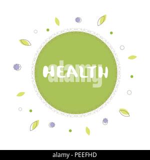 Gesundheit runde Banner mit zufälligen dekorativen Formen und Rahmen. Handschriftliche Beschriftung auf weißem Hintergrund. Element für Grafik Design - Banner, Stock Vektor