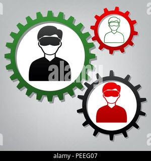 Mann mit schlafbrille unterzeichnen. Vektor. Drei verbundenen Zahnräder mit Symbolen am grauen Hintergrund. Stock Vektor