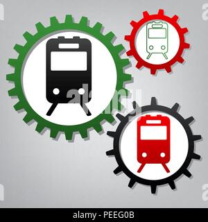 Zug anmelden. Vektor. Drei verbundenen Zahnräder mit Symbolen am grauen Hintergrund. Stock Vektor