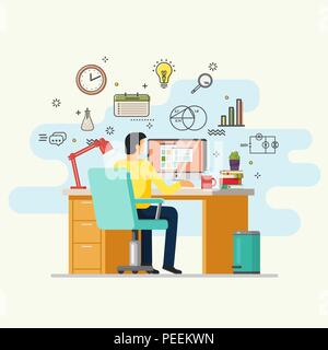 Mann am Computer arbeiten. Männliche tun Job bei Tisch mit Computer. Kerl sitzt im Sessel am Schreibtisch mit Lampe und Bücher, Lupe und die Uhr. Angestellte und Arbeiter, Arbeitsplatz, Büro Thema Stock Vektor