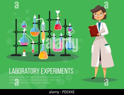 Chemiker Frau oder biologische Wissenschaftler weiblich, Lehrerin an der Kategorie Labor in der Nähe von Glas Flaschen oder Röhrchen mit siedenden Flüssigkeit in Brand. Experiment und Forschung, Studium und Wissenschaft, Pharmakologie Stock Vektor